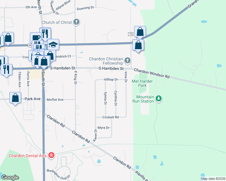 map of restaurants, bars, coffee shops, grocery stores, and more near 310 Cynthia Drive in Chardon