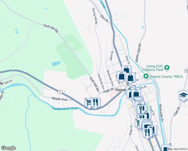 map of restaurants, bars, coffee shops, grocery stores, and more near 101 Golf Hill Road in Honesdale