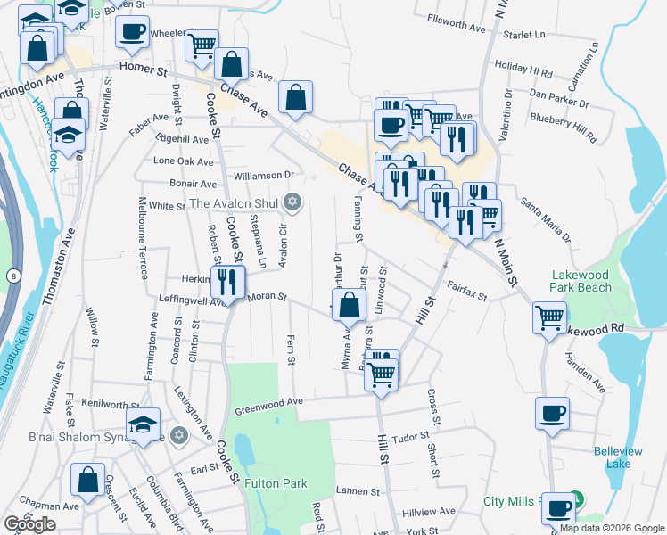 map of restaurants, bars, coffee shops, grocery stores, and more near 63 Macarthur Drive in Waterbury