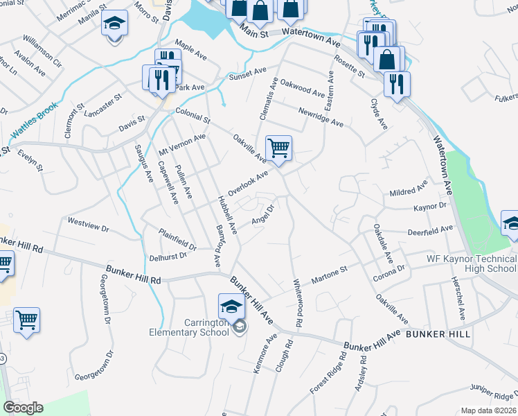 map of restaurants, bars, coffee shops, grocery stores, and more near 62 Angel Drive in Waterbury