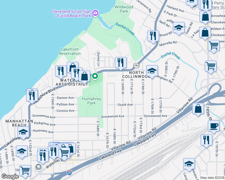 map of restaurants, bars, coffee shops, grocery stores, and more near 1071 East 167th Street in Cleveland