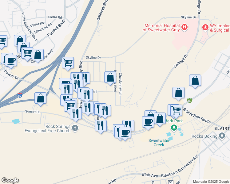map of restaurants, bars, coffee shops, grocery stores, and more near 1900 Churchill in Rock Springs