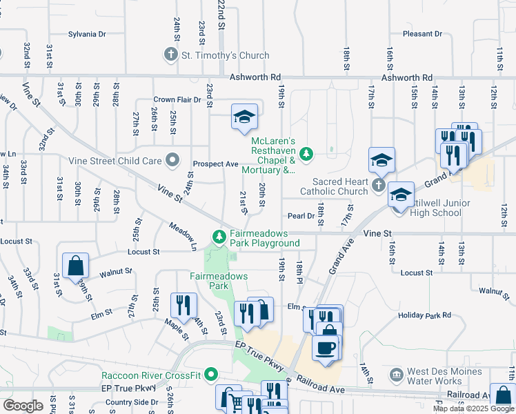 map of restaurants, bars, coffee shops, grocery stores, and more near 630 20th Street in West Des Moines