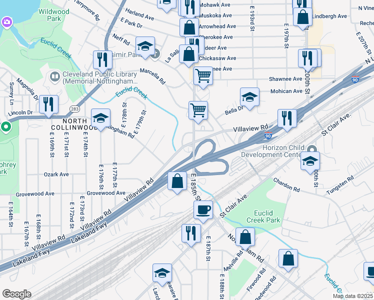 map of restaurants, bars, coffee shops, grocery stores, and more near 1063 Mozina Drive in Cleveland