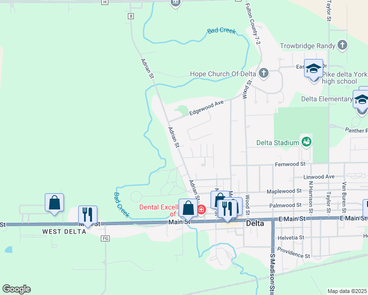 map of restaurants, bars, coffee shops, grocery stores, and more near 506 Adrian Street in Delta
