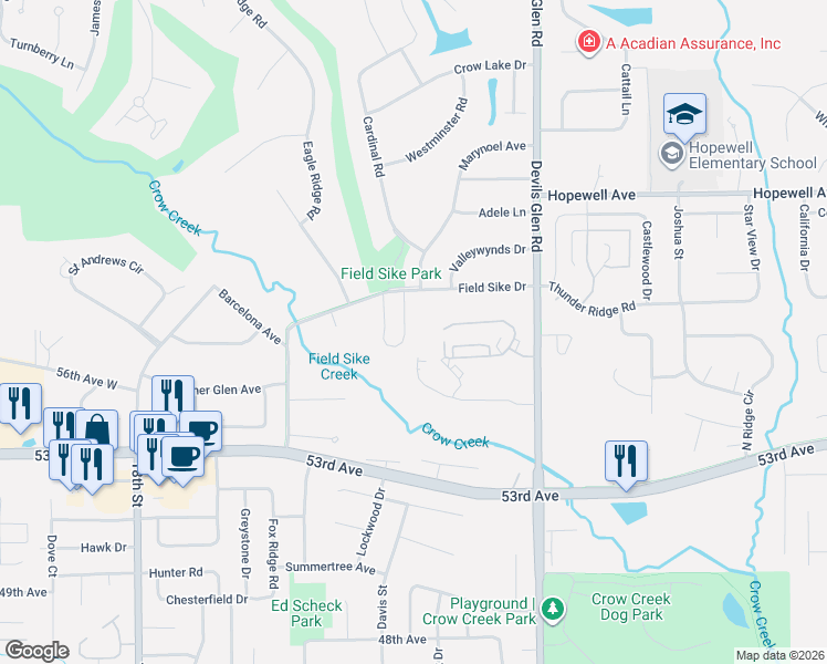 map of restaurants, bars, coffee shops, grocery stores, and more near 3013 Field Sike Drive in Bettendorf