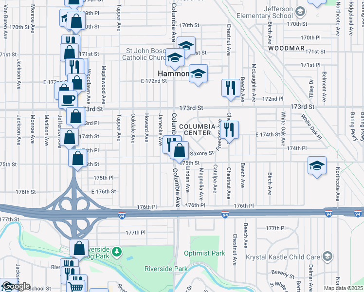 map of restaurants, bars, coffee shops, grocery stores, and more near 7422 Linden Place in Hammond