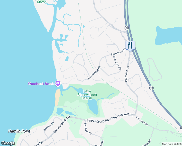 map of restaurants, bars, coffee shops, grocery stores, and more near 119 Saconesset Road in Falmouth