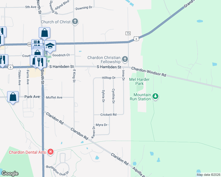 map of restaurants, bars, coffee shops, grocery stores, and more near 310 Cynthia Drive in Chardon