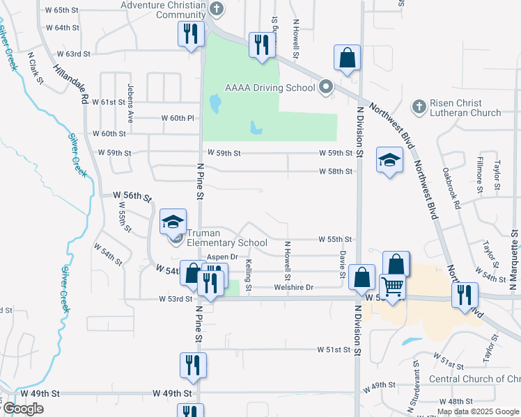 map of restaurants, bars, coffee shops, grocery stores, and more near 1938 West 56th Court in Davenport