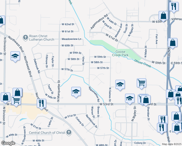 map of restaurants, bars, coffee shops, grocery stores, and more near 828 North Meadows Court in Davenport