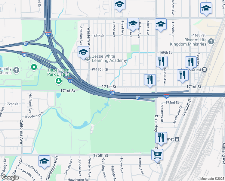 map of restaurants, bars, coffee shops, grocery stores, and more near 2261 171st Street in Hazel Crest