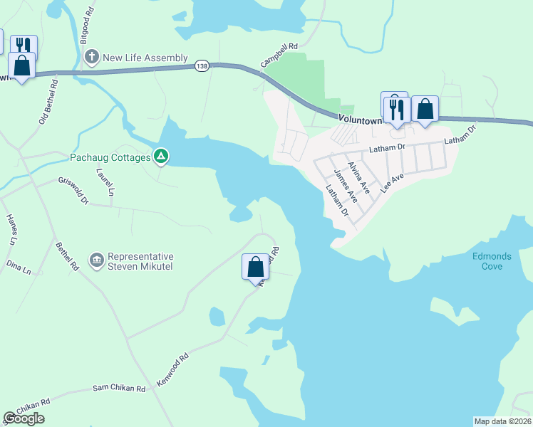 map of restaurants, bars, coffee shops, grocery stores, and more near 7 Kelci Circle in Griswold