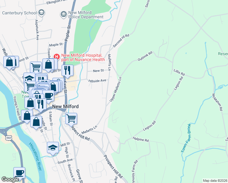 map of restaurants, bars, coffee shops, grocery stores, and more near 14 Upper Malletts Lane in New Milford