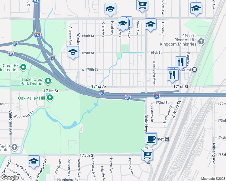 map of restaurants, bars, coffee shops, grocery stores, and more near 2213 171st Street in Hazel Crest