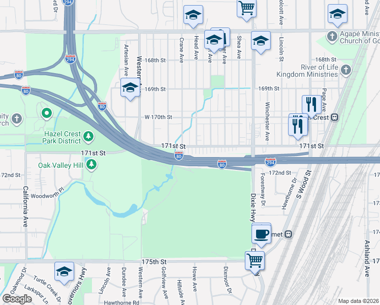 map of restaurants, bars, coffee shops, grocery stores, and more near 2213 171st Street in Hazel Crest