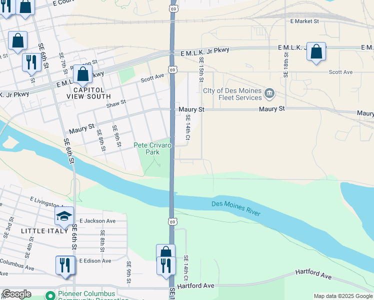 map of restaurants, bars, coffee shops, grocery stores, and more near 1419 East Railroad Avenue in Des Moines