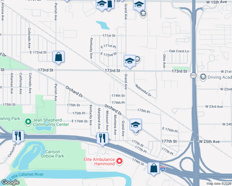 map of restaurants, bars, coffee shops, grocery stores, and more near 7417 Missouri Avenue in Hammond