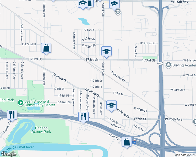 map of restaurants, bars, coffee shops, grocery stores, and more near 7415 Montana Avenue in Hammond