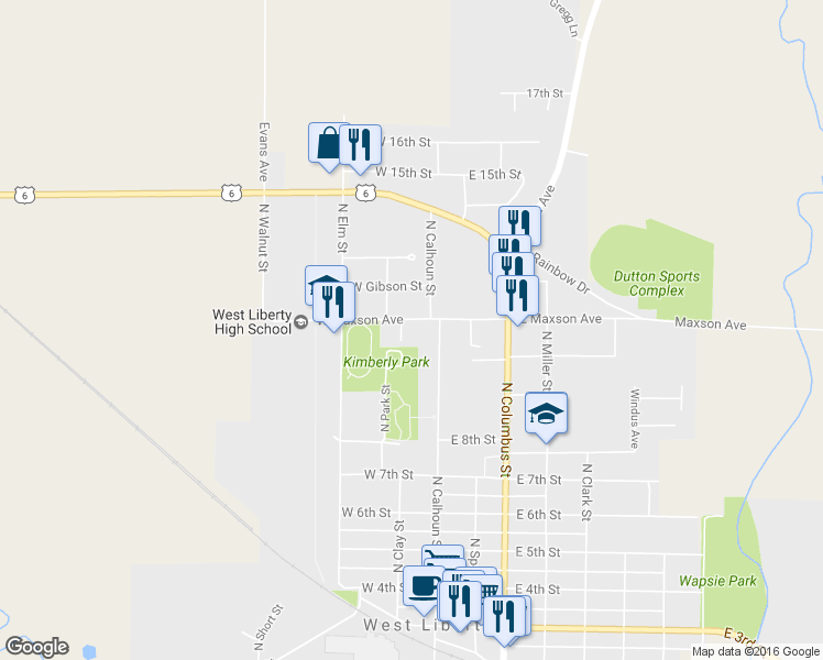 map of restaurants, bars, coffee shops, grocery stores, and more near 110 West Maxson Avenue in West Liberty