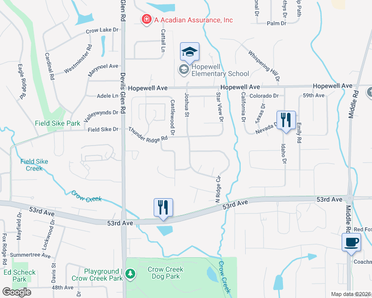 map of restaurants, bars, coffee shops, grocery stores, and more near 5606 Joshua Street in Bettendorf