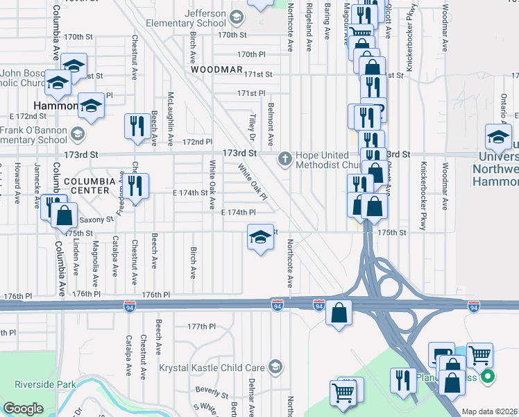 map of restaurants, bars, coffee shops, grocery stores, and more near 1663 East 174th Place in Hammond