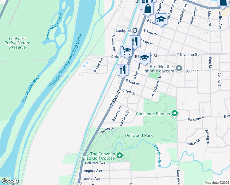 map of restaurants, bars, coffee shops, grocery stores, and more near 1915 South State Street in Lockport