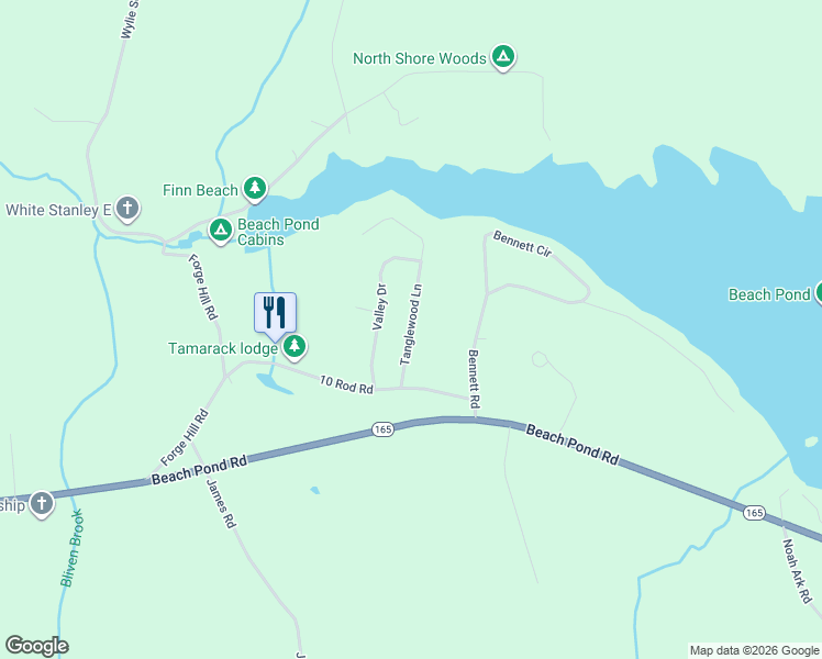 map of restaurants, bars, coffee shops, grocery stores, and more near 22 Tanglewood Lane in Voluntown