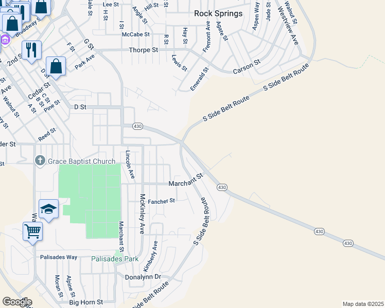 map of restaurants, bars, coffee shops, grocery stores, and more near 1331-1399 New Hampshire St in Rock Springs