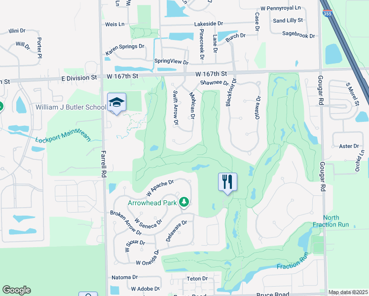 map of restaurants, bars, coffee shops, grocery stores, and more near 16935 Mohican Drive in Lockport