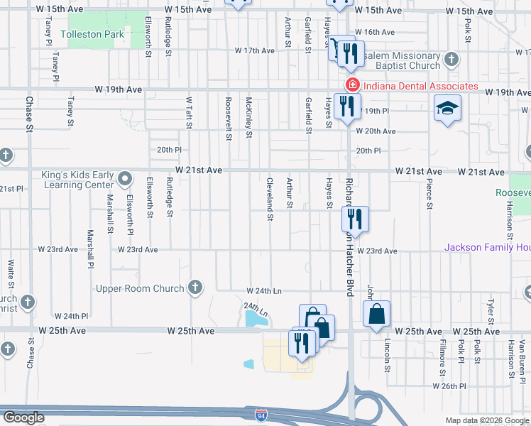 map of restaurants, bars, coffee shops, grocery stores, and more near 2206 Cleveland Street in Gary
