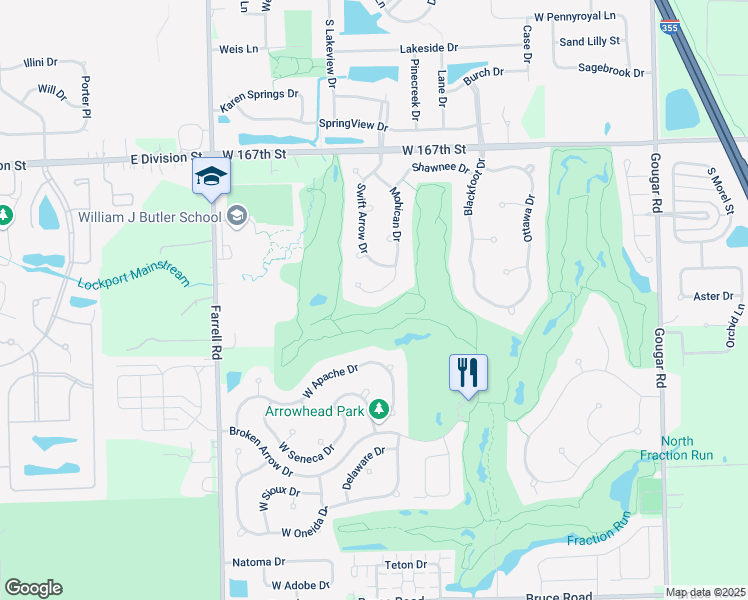 map of restaurants, bars, coffee shops, grocery stores, and more near 16935 Mohican Drive in Lockport