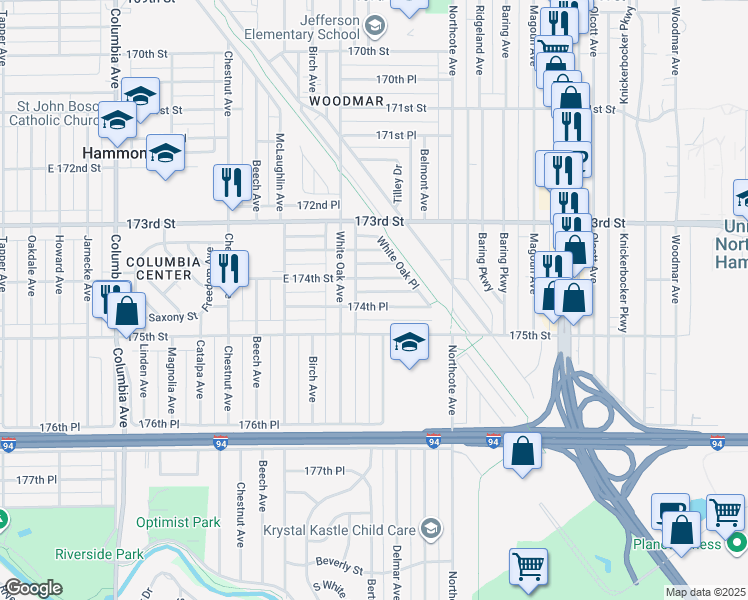 map of restaurants, bars, coffee shops, grocery stores, and more near 1633 174th Place in Hammond