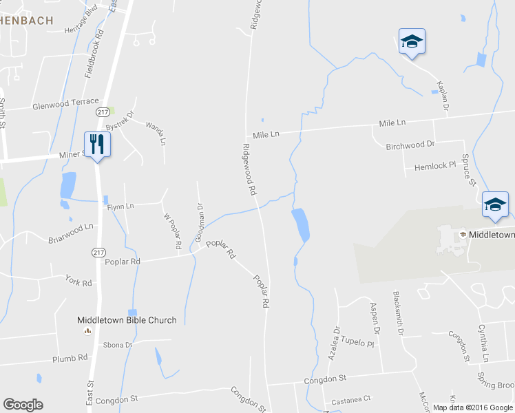 map of restaurants, bars, coffee shops, grocery stores, and more near Ridgewood Road in Middletown