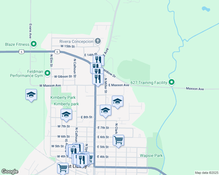 map of restaurants, bars, coffee shops, grocery stores, and more near 1006 North Miller Street in West Liberty