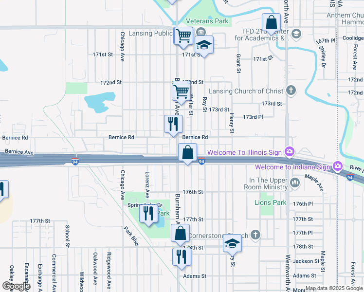 map of restaurants, bars, coffee shops, grocery stores, and more near 17415 Burnham Avenue in Lansing