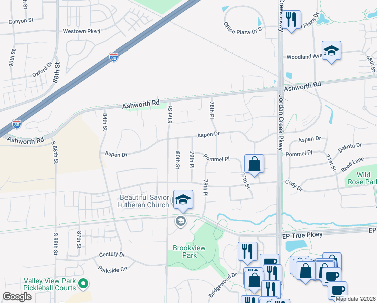 map of restaurants, bars, coffee shops, grocery stores, and more near 800 79th Place in West Des Moines