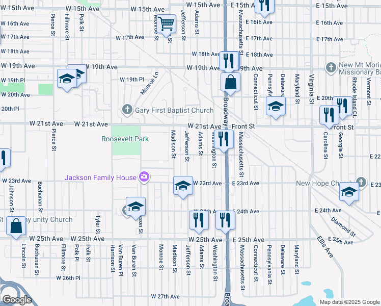 map of restaurants, bars, coffee shops, grocery stores, and more near 2200 Jefferson Street in Gary
