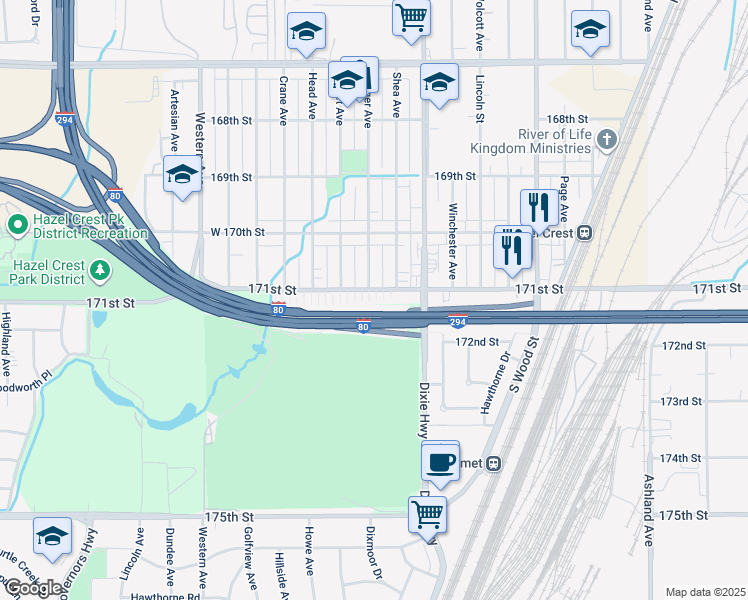 map of restaurants, bars, coffee shops, grocery stores, and more near 2027 171st Street in Hazel Crest
