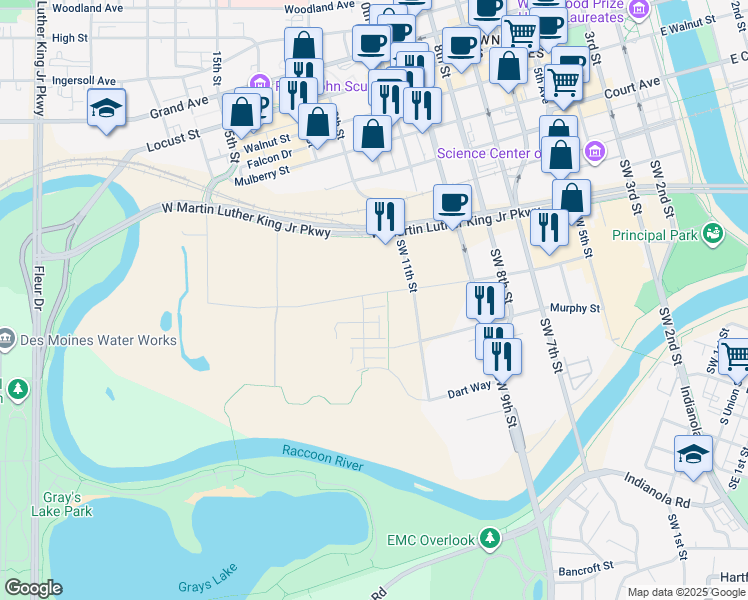 map of restaurants, bars, coffee shops, grocery stores, and more near 411 Southwest 12th Street in Des Moines