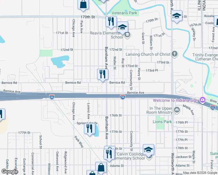 map of restaurants, bars, coffee shops, grocery stores, and more near 17415 Burnham Avenue in Lansing