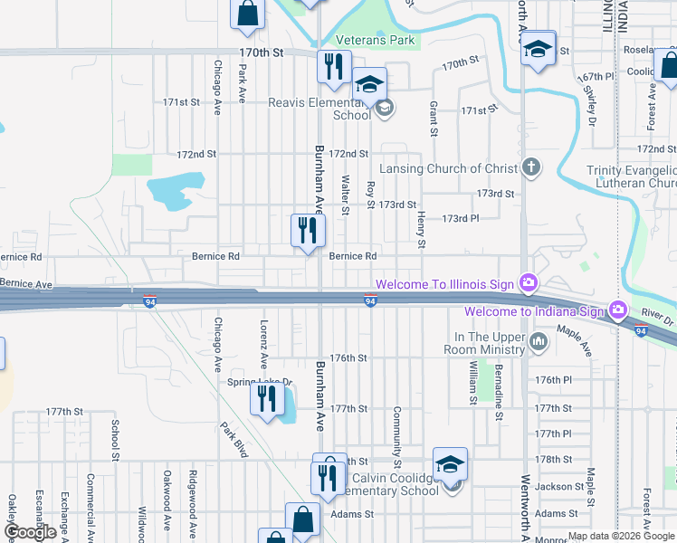 map of restaurants, bars, coffee shops, grocery stores, and more near 17422 Walter Street in Lansing