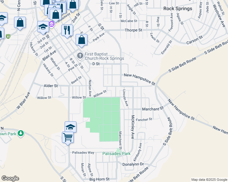 map of restaurants, bars, coffee shops, grocery stores, and more near 926 Jefferson Avenue in Rock Springs