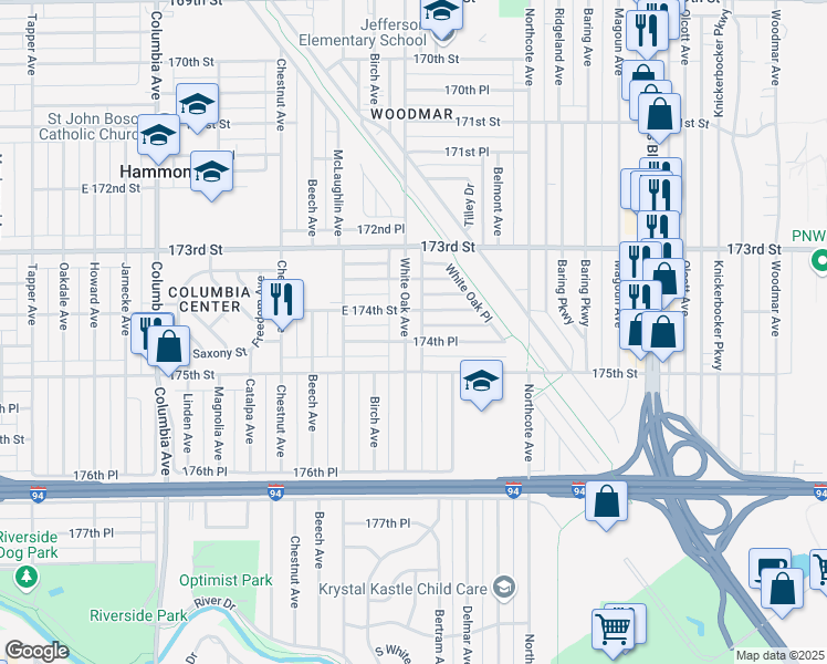 map of restaurants, bars, coffee shops, grocery stores, and more near 7419 White Oak Avenue in Hammond