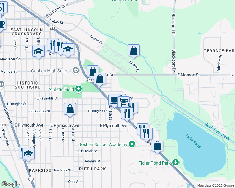map of restaurants, bars, coffee shops, grocery stores, and more near 1207 East Reynolds Street in Goshen