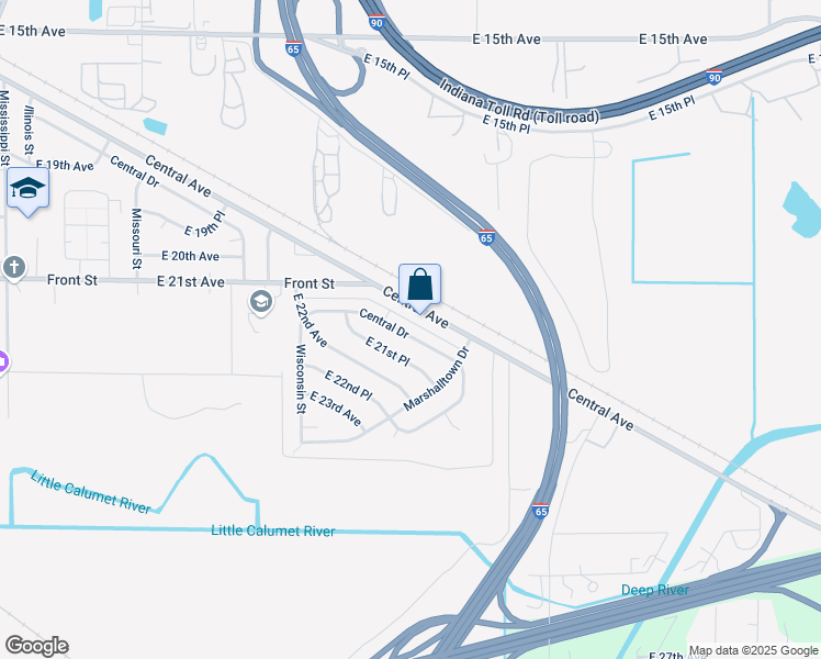 map of restaurants, bars, coffee shops, grocery stores, and more near 2800 Central Drive in Gary
