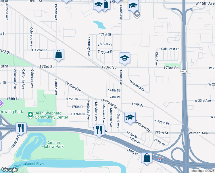 map of restaurants, bars, coffee shops, grocery stores, and more near 7411 Missouri Avenue in Hammond