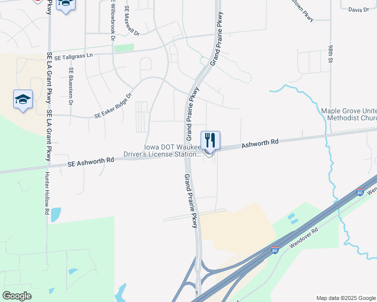 map of restaurants, bars, coffee shops, grocery stores, and more near Grand Prairie Parkway in Waukee