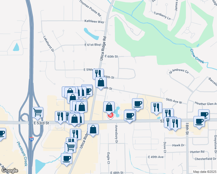 map of restaurants, bars, coffee shops, grocery stores, and more near 4515-4527 East 56th Street in Davenport