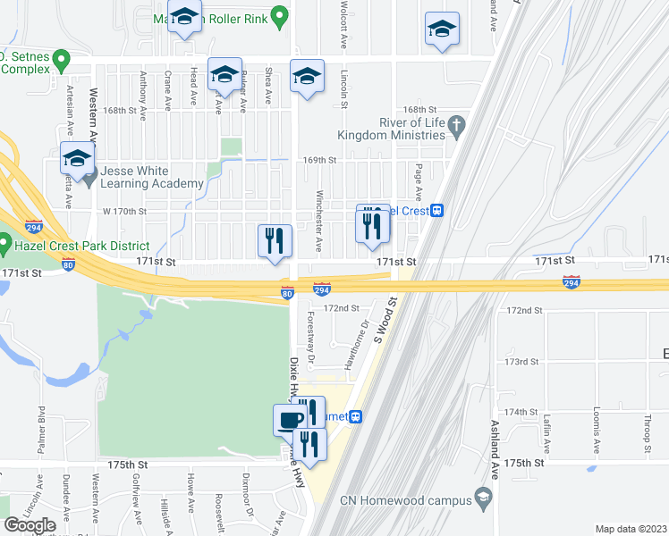 map of restaurants, bars, coffee shops, grocery stores, and more near 1909 171st Street in Hazel Crest